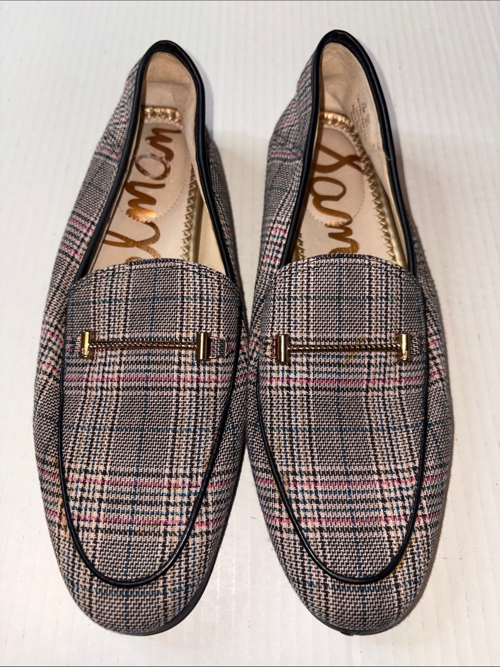 Sam Edelman Plaid Loafers in Beige, Black & Pink with Gold Accent
